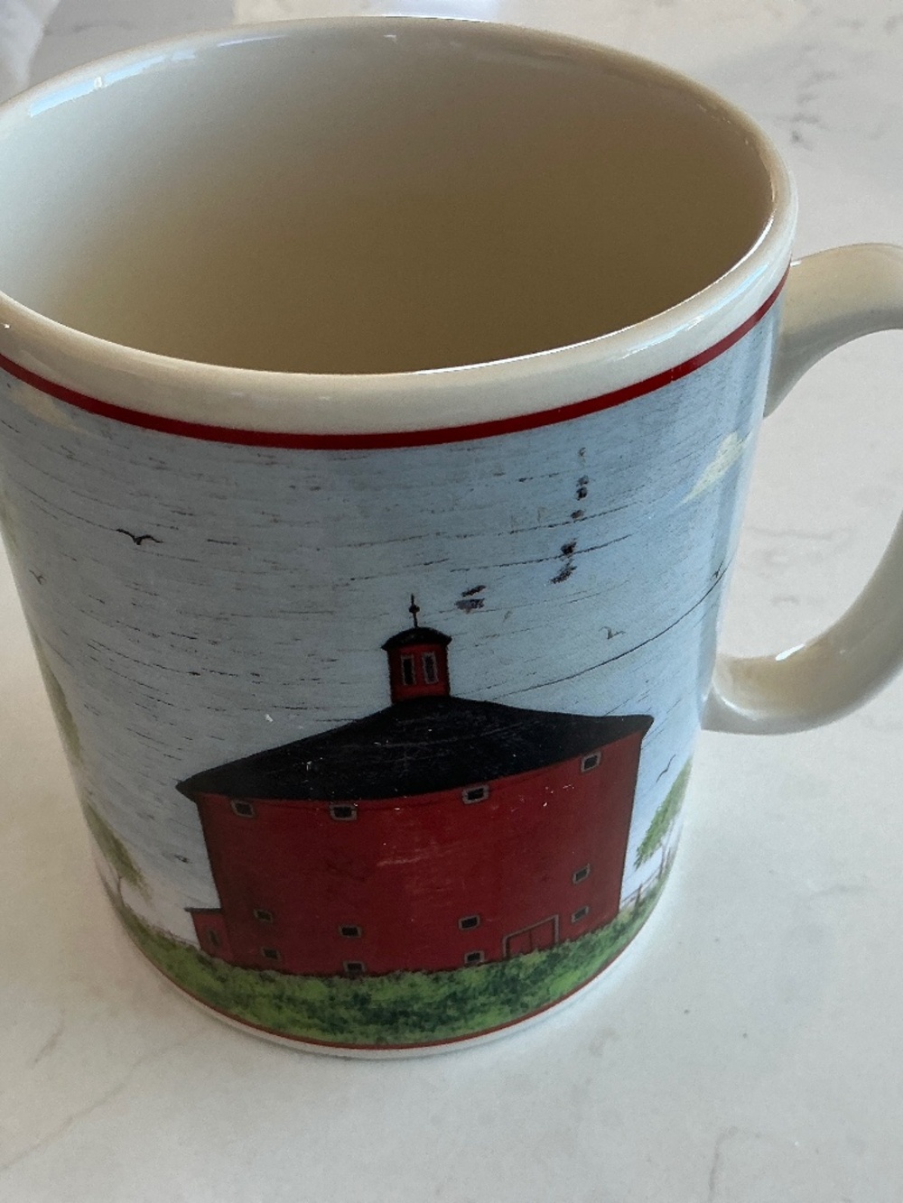 Giant Mug, 1998 Warren Kimble “Barns” Sakura NY Folk Art, vintage